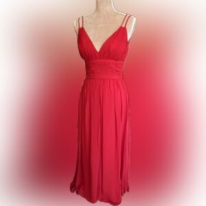 Elegant Red V-Neck Spaghetti Strap Silk Dress